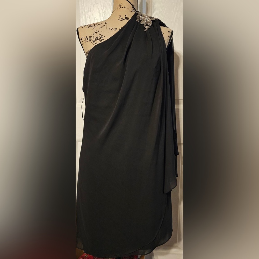 Black Cocktail dress One Shoulder w/ Bedazzled Emblem